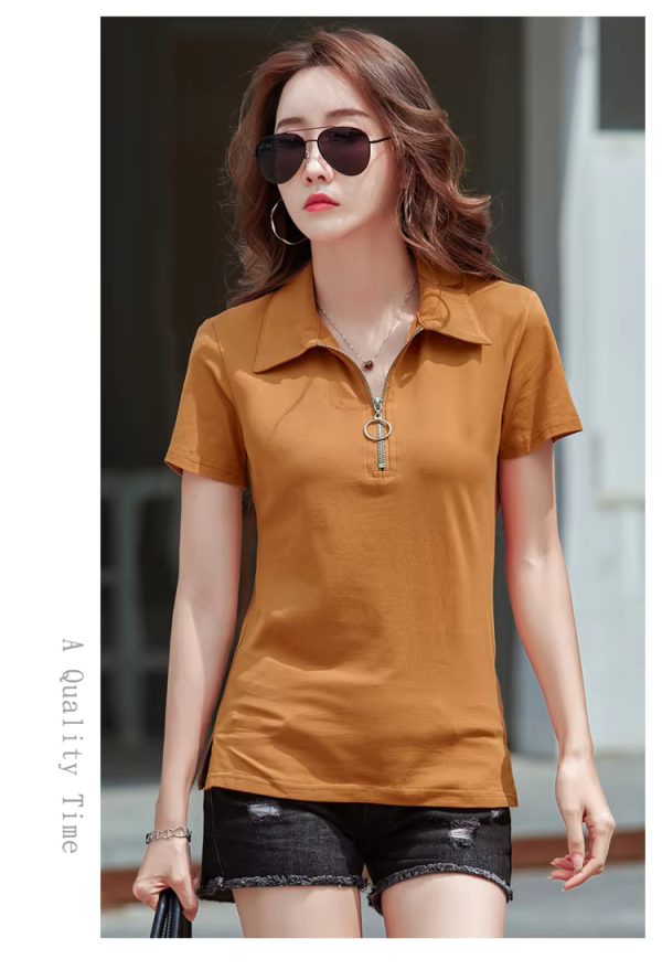 Elegant Style Zipper Neck Short Sleeve Polo Cotton  T Shirt - Image 8