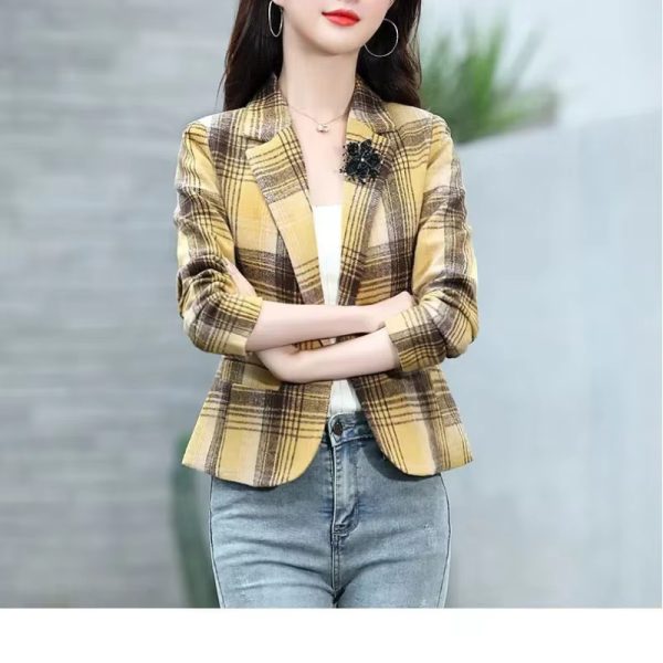 Turn-down Collar Cardigan Plaid Fashion Vintage Stylish Long Sleeve Coats - Image 5