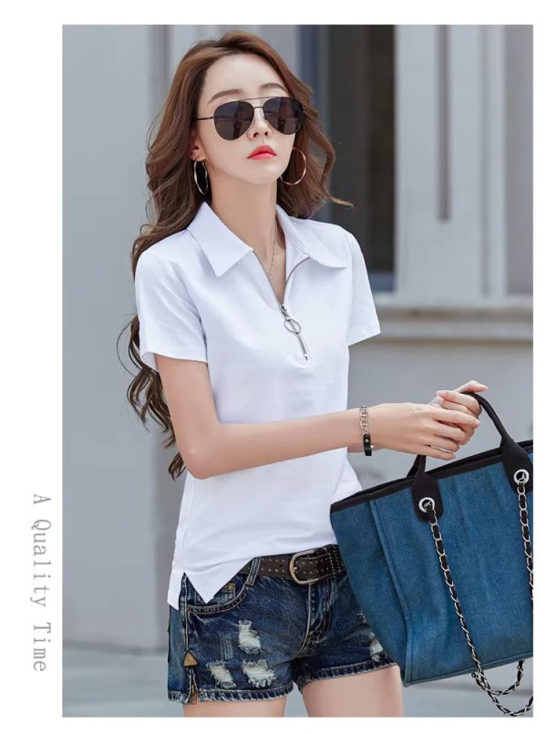 Elegant Style Zipper Neck Short Sleeve Polo Cotton  T Shirt - Image 9