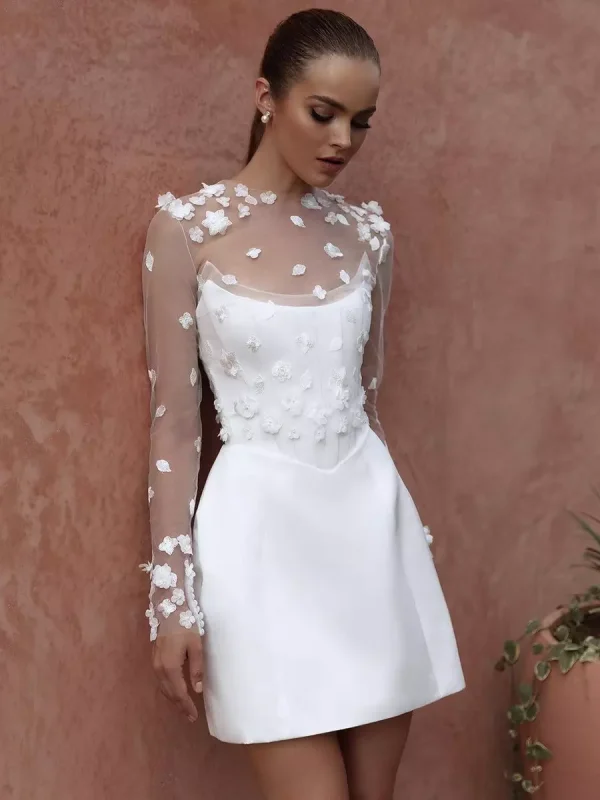 Two-piece Flowers Long Sleeves Lace Bridal Wedding Short Dresses