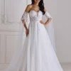 V-Neck Half Sleeves With Train Tulle Bridal Wedding Gowns - Image 2