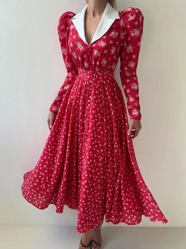 Vintage High Waist Pleated Lapel Long Sleeve Loose Print Maxi Dress