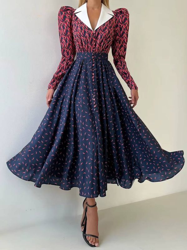 Vintage High Waist Pleated Lapel Long Sleeve Loose Print Maxi Dress - Image 6