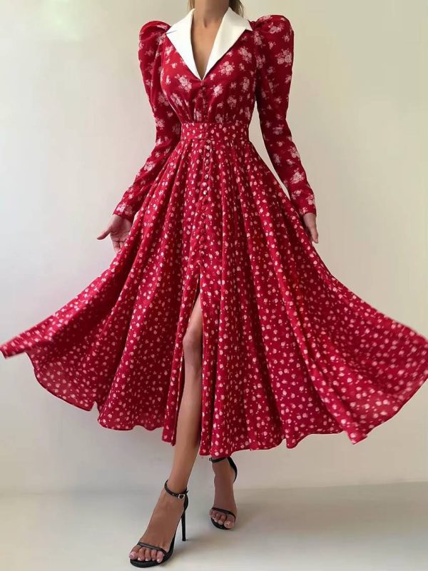 Vintage High Waist Pleated Lapel Long Sleeve Loose Print Maxi Dress - Image 3