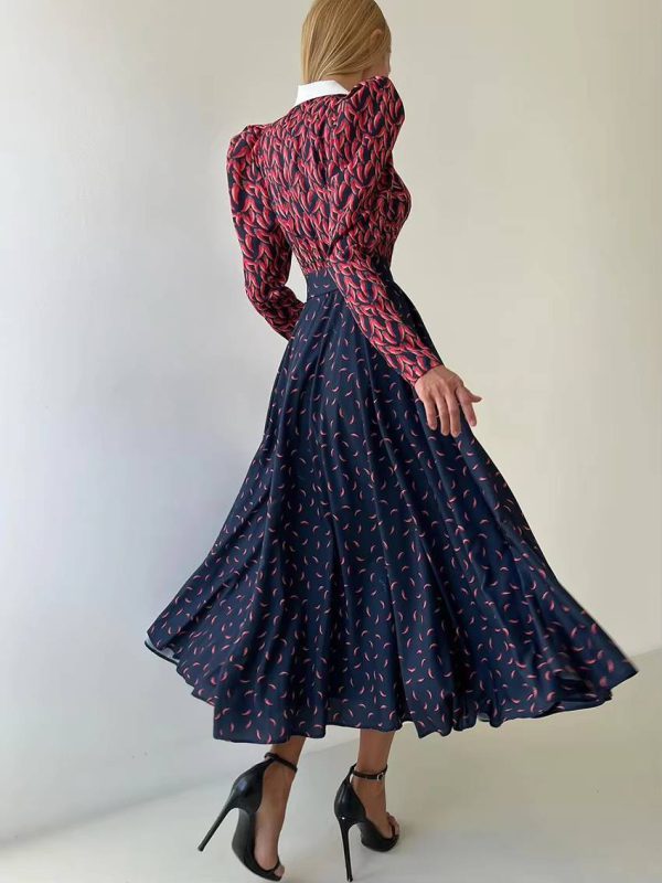 Vintage High Waist Pleated Lapel Long Sleeve Loose Print Maxi Dress - Image 8