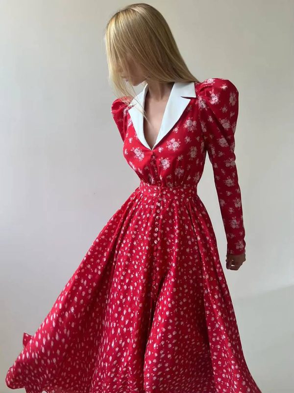 Vintage High Waist Pleated Lapel Long Sleeve Loose Print Maxi Dress - Image 2