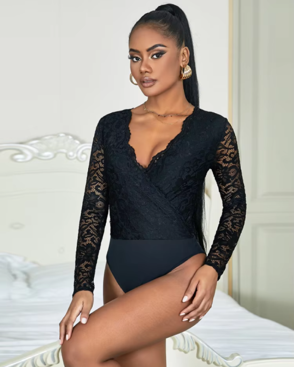 Casual Mesh Brushed Lace Long Sleeve V-neck Bodysuits