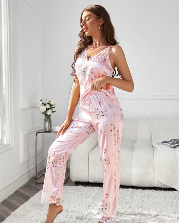 Floral Print Lace Trim Satin Long Pants Pajamas Sleepwear