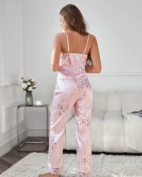 Floral Print Lace Trim Satin Long Pants Pajamas Sleepwear - Image 2