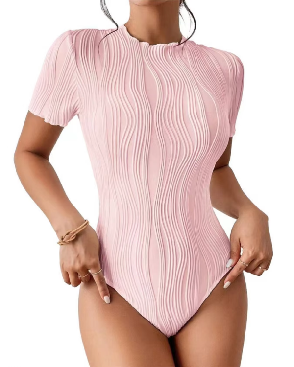 Elegant Solid Textured Crew Neck Short Sleeve Slim Bodysuit - Image 9