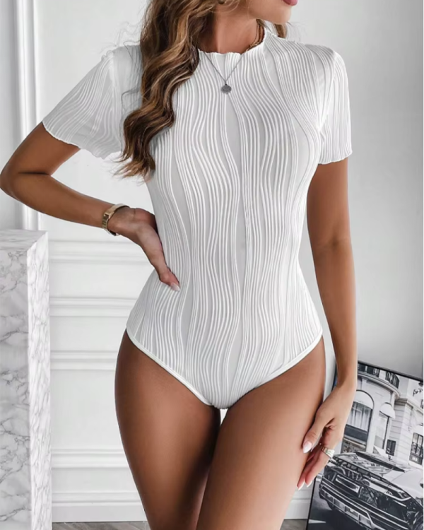 Elegant Solid Textured Crew Neck Short Sleeve Slim Bodysuit - Image 4