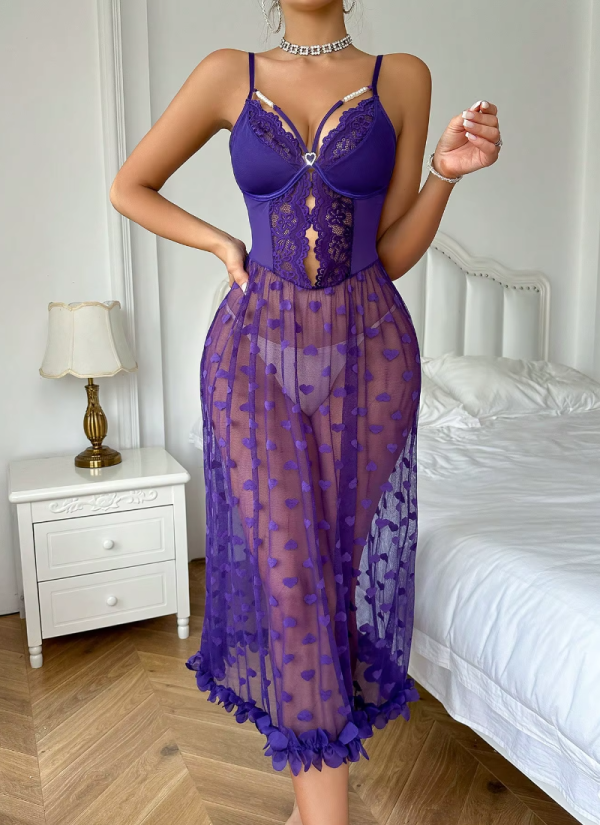 Pearl Intimate Decoration Lace Pajama Long Night Dress - Image 4