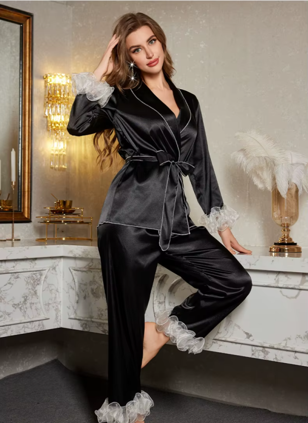 Fashion Short Robe Cardigan Trouser Suit Pajamas Set - Image 5