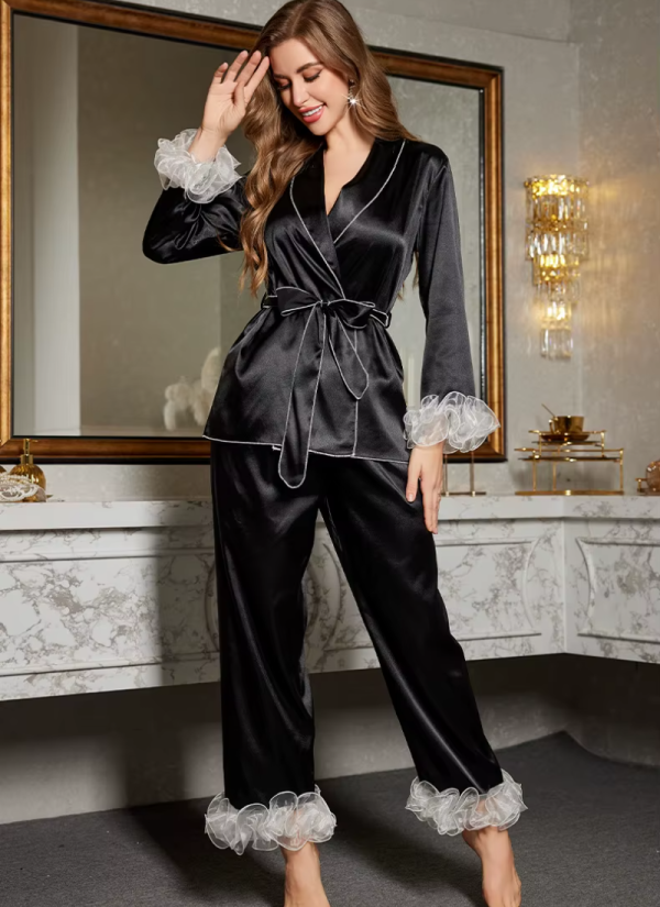 Fashion Short Robe Cardigan Trouser Suit Pajamas Set