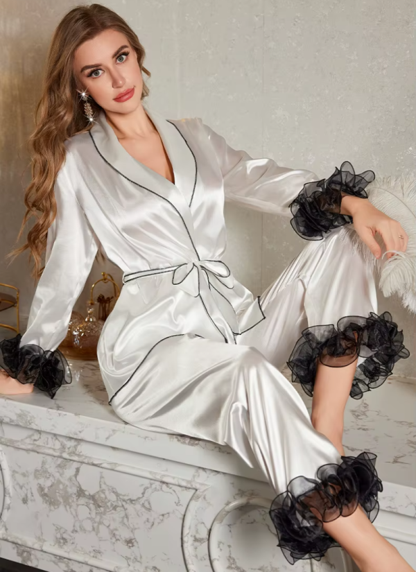 Fashion Short Robe Cardigan Trouser Suit Pajamas Set - Image 2