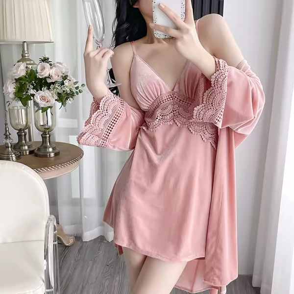 Homeware Lace Sling Long-Sleeved Robe Pajamas Set Nightgowns - Image 4