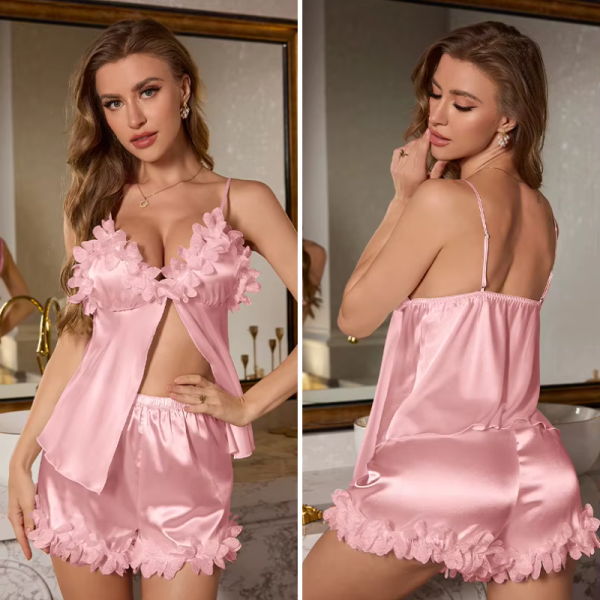 Patchwork Lace Strap Top Shorts Nightwear  Pajamas Suit - Image 13