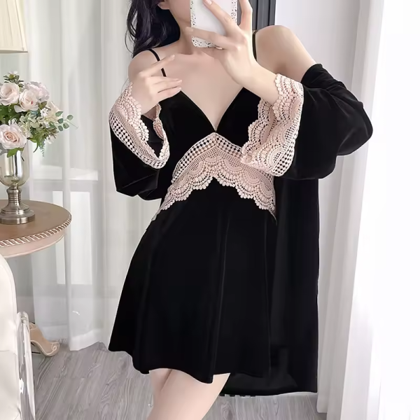 Homeware Lace Sling Long-Sleeved Robe Pajamas Set Nightgowns