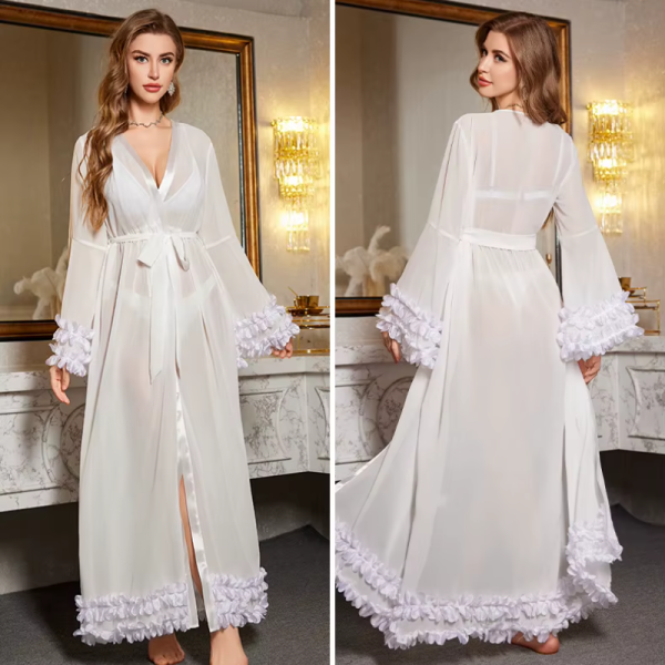 Bridesmaid Wedding Robe Long Dress White Lace Perspective Sleepwear - Image 7