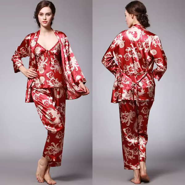 Silk Satin Pajamas Set with Robe and Pant Floral Silky Sleepwear - Image 10