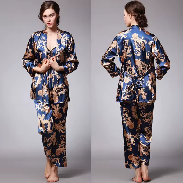 Silk Satin Pajamas Set with Robe and Pant Floral Silky Sleepwear - Image 9