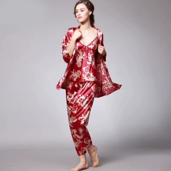 Silk Satin Pajamas Set with Robe and Pant Floral Silky Sleepwear