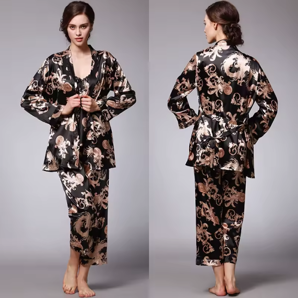 Silk Satin Pajamas Set with Robe and Pant Floral Silky Sleepwear - Image 8