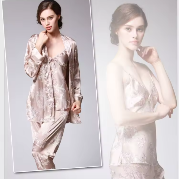 Silk Satin Pajamas Set with Robe and Pant Floral Silky Sleepwear - Image 7