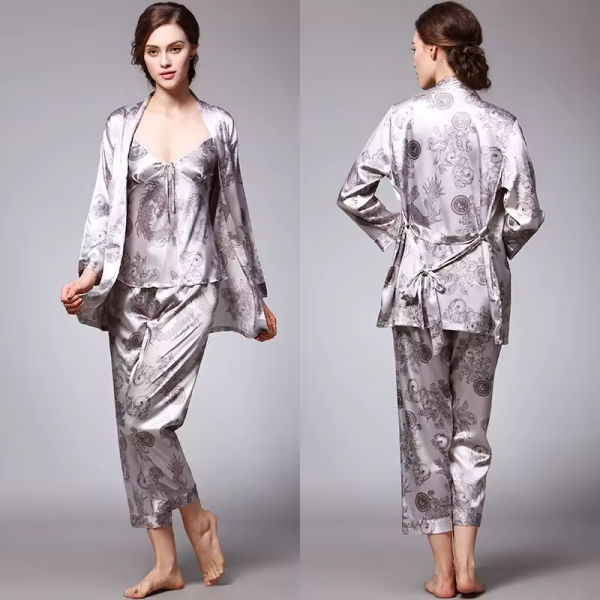 Silk Satin Pajamas Set with Robe and Pant Floral Silky Sleepwear - Image 6