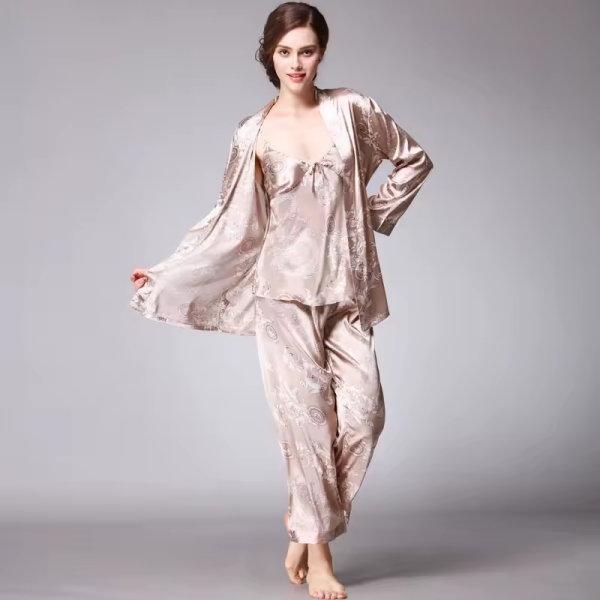 Silk Satin Pajamas Set with Robe and Pant Floral Silky Sleepwear - Image 4