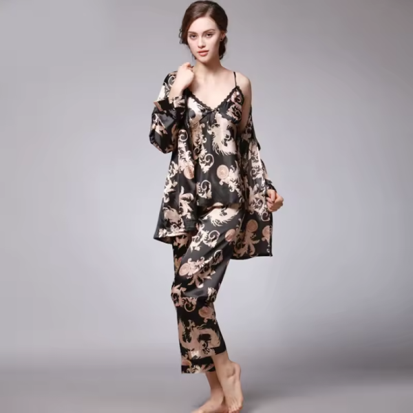 Silk Satin Pajamas Set with Robe and Pant Floral Silky Sleepwear - Image 3