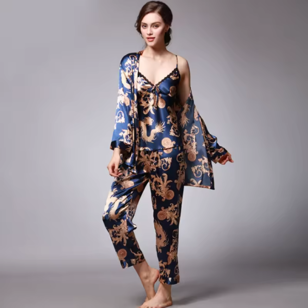 Silk Satin Pajamas Set with Robe and Pant Floral Silky Sleepwear - Image 2