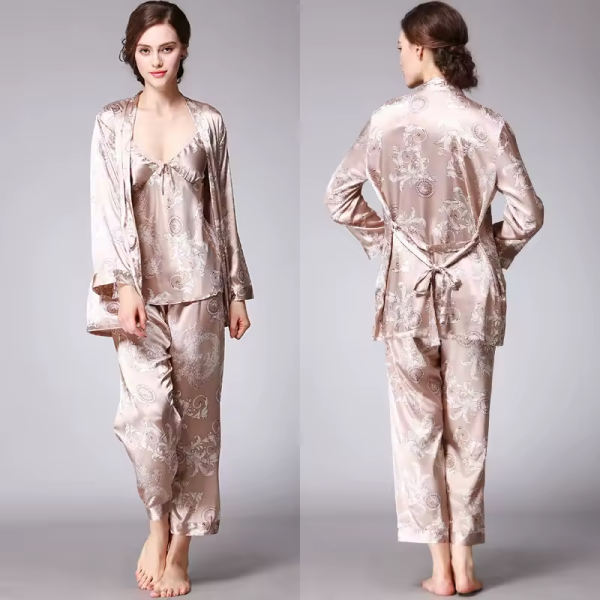 Silk Satin Pajamas Set with Robe and Pant Floral Silky Sleepwear - Image 5