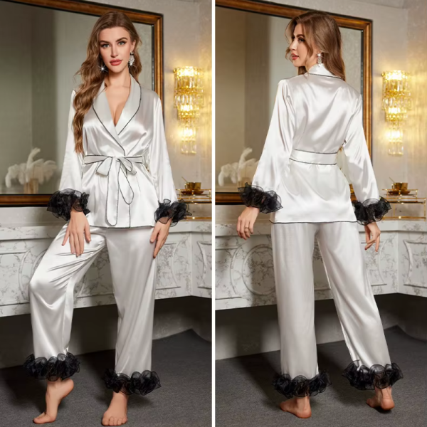 Fashion Short Robe Cardigan Trouser Suit Pajamas Set - Image 8