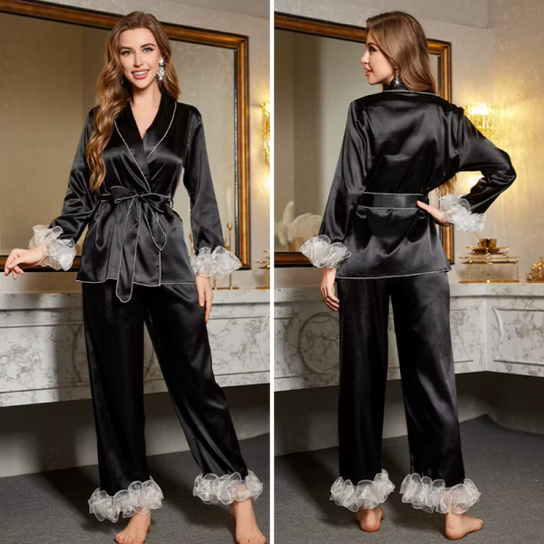 Fashion Short Robe Cardigan Trouser Suit Pajamas Set - Image 7