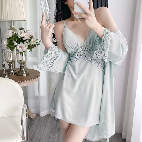 Homeware Lace Sling Long-Sleeved Robe Pajamas Set Nightgowns - Image 2