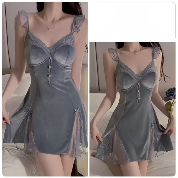 Velvet Lace Splicing Pajamas Night Suit Straps Nightgown - Image 5