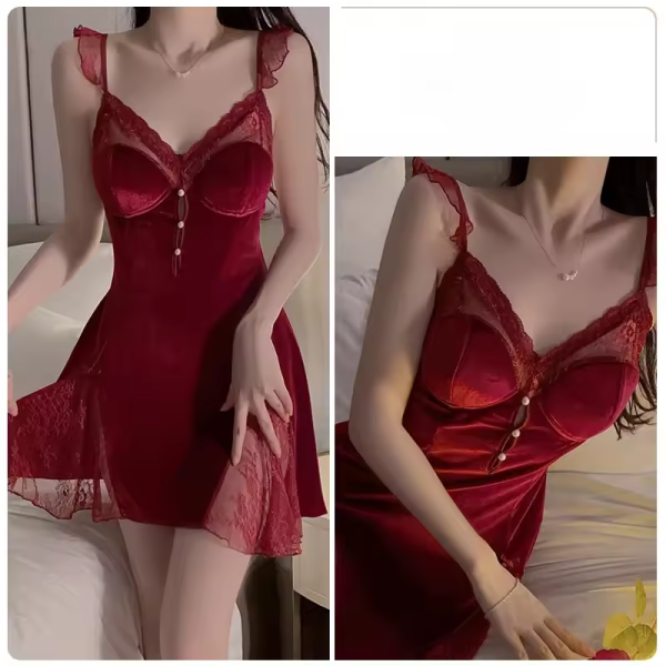 Velvet Lace Splicing Pajamas Night Suit Straps Nightgown - Image 4