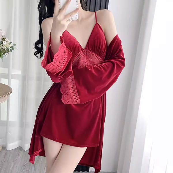 Homeware Lace Sling Long-Sleeved Robe Pajamas Set Nightgowns - Image 3