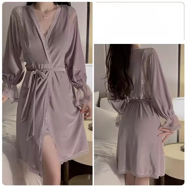 Velvet Lace Splicing Pajamas Night Suit Robe Nightgown - Image 6