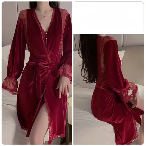 Velvet Lace Splicing Pajamas Night Suit Robe Nightgown - Image 4