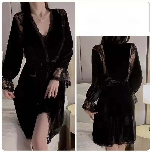 Velvet Lace Splicing Pajamas Night Suit Robe Nightgown - Image 3