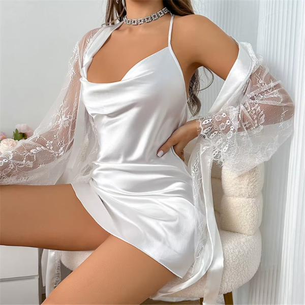 Lace Bathrobe Satin Twinset Sleepwear Robe Set Nightgown - Image 5