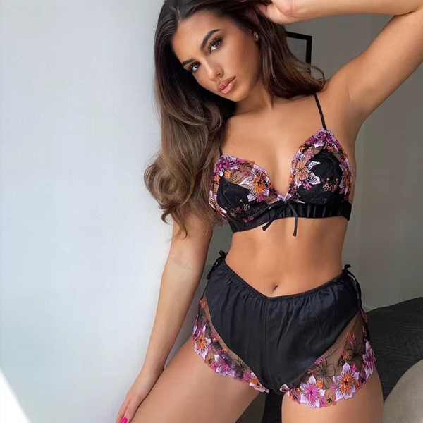 Embroidery Patchwork Eroctic Underwear Two Piece Set