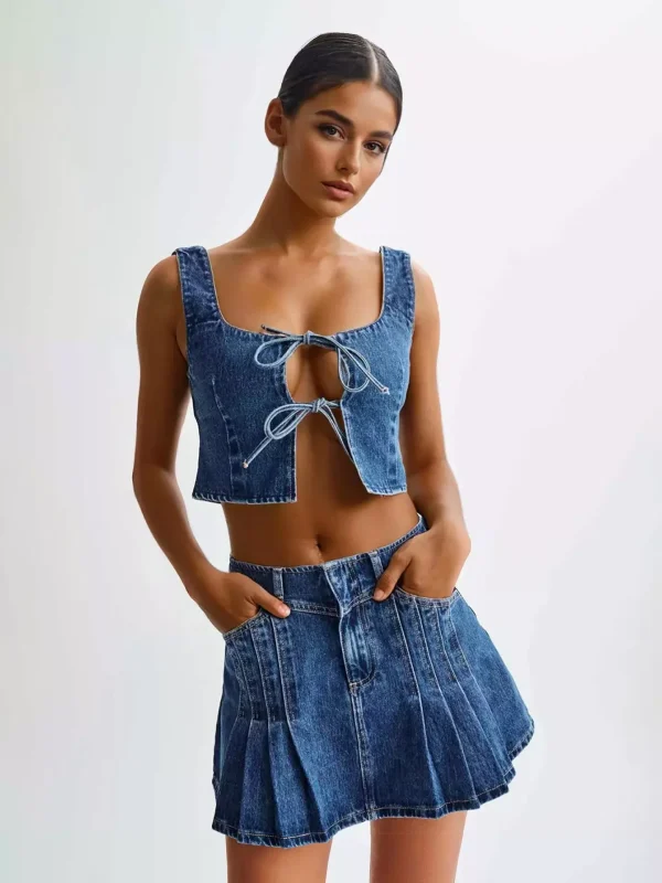 Casual Front Tie Crop Top And Mini Skirt Denim Two Piece Set