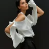Elegant Pearl Button Open Shoulder Sleeve Ruffled Blouse - Image 2