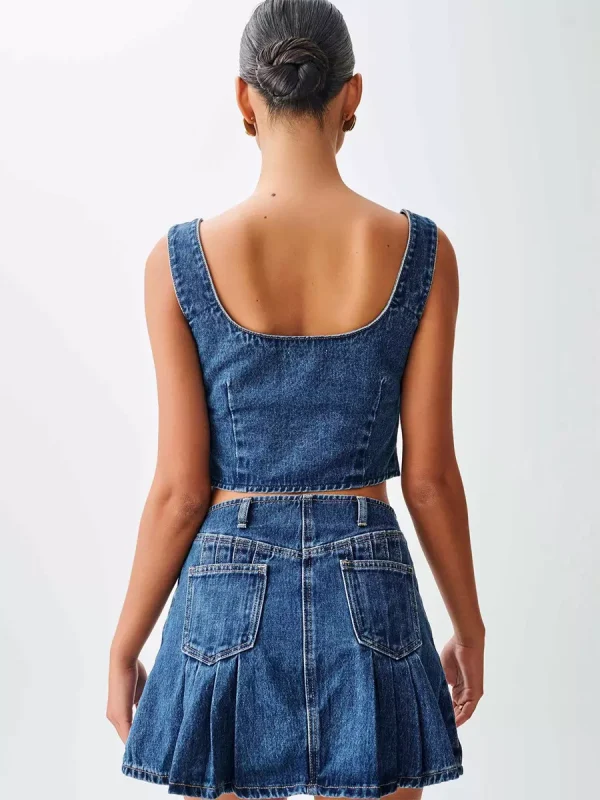 Casual Front Tie Crop Top And Mini Skirt Denim Two Piece Set - Image 5