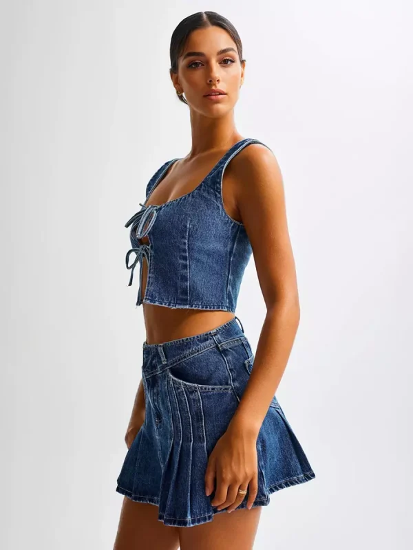 Casual Front Tie Crop Top And Mini Skirt Denim Two Piece Set - Image 3