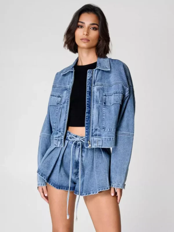 Casual Bomber Jacket And Trendy Short Denim Two-Piece Set