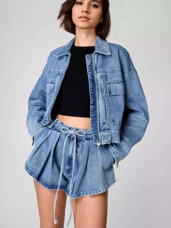 Casual Bomber Jacket And Trendy Short Denim Two-Piece Set - Image 2